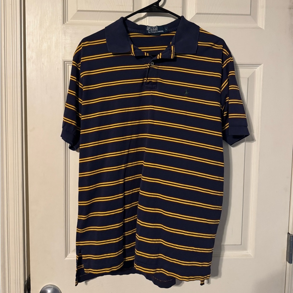 Ralph Lauren Blue and Yellow Polo Shirt Classic Striped Design
